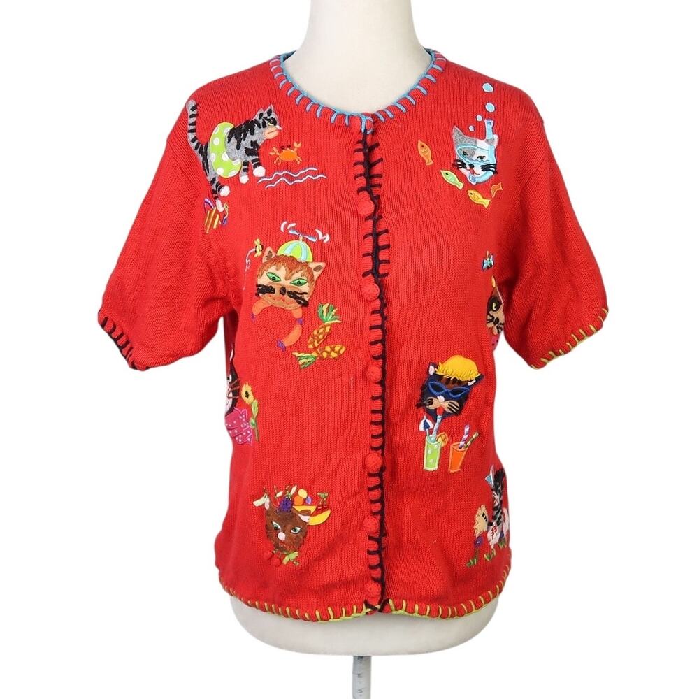 Vintage 90s M.C. & Co Red Funny Cat Embroidered Cardigan Sweater S